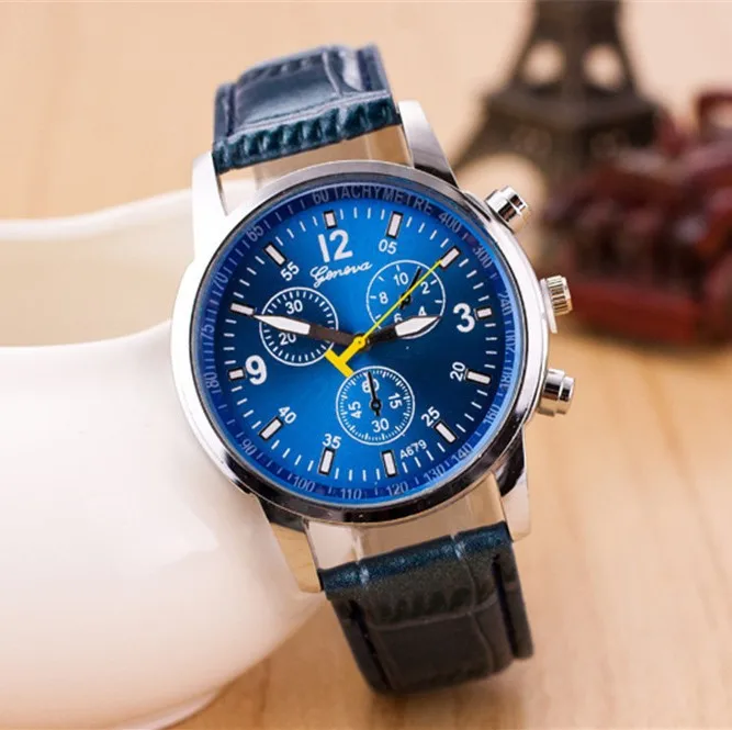 
2015 leather strap yellow second hand arabic number geneva watches 