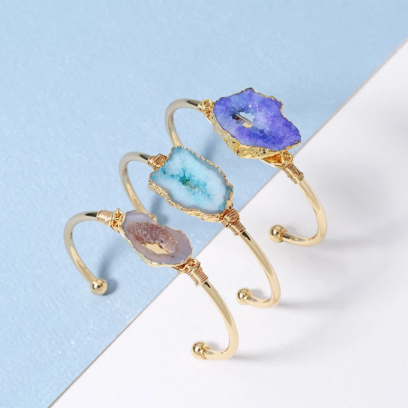 Bojiu Druzy Amethyst Natural Stone Gold Wrapped Bangle Bracelet