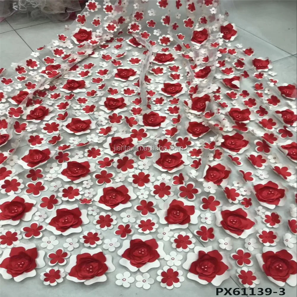 Nice patterns Red 3d flower embroidery wedding tulle lace fabric with pearl