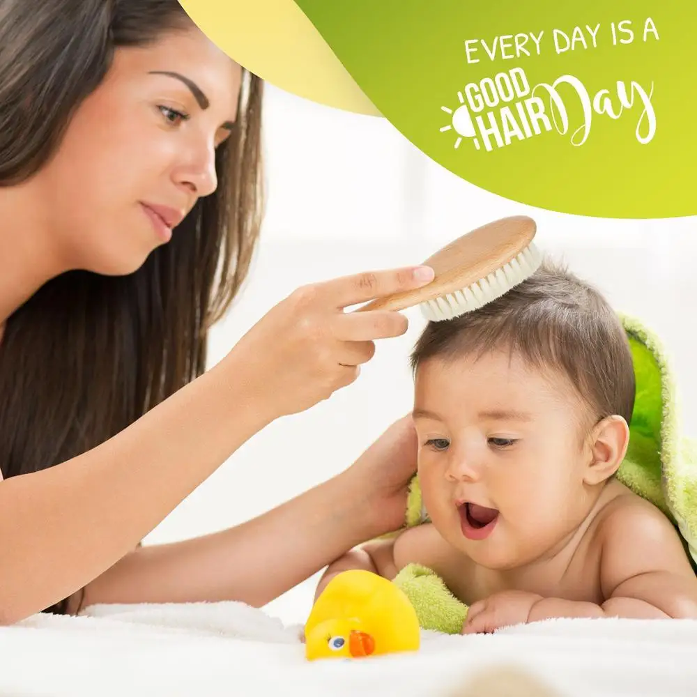 Wholesales Customized Logo Baby Hair Brush And Comb Set For Newborn, 100% Natural Wooden Boar Bristle Custom Hair Brush