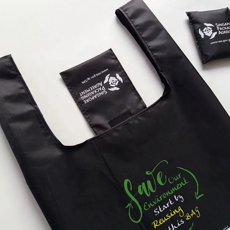 Eco Friendly Black Color Custom Logo Printed Reusable Foldable Tote RPET Nylon Polyester Bag For Promotion
