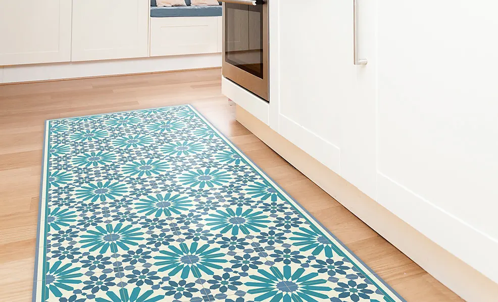 Vinyl carpet with saffalo designs tiles in turquoise Traditional morrocco tiles in turquoise