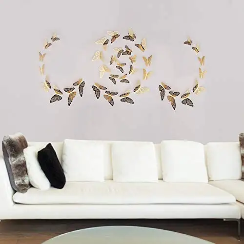 Gold Butterfly Decals Hollow-Out 3D Butterfly Stickers Glitter Art Murals for Wall or Party Decorations