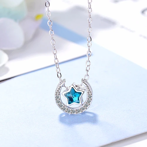 Yiwu Hot sale Dazzling Azure Moon Star Zircon Necklace  925 Sterling Silver Necklace For Women Gifts Wholesale