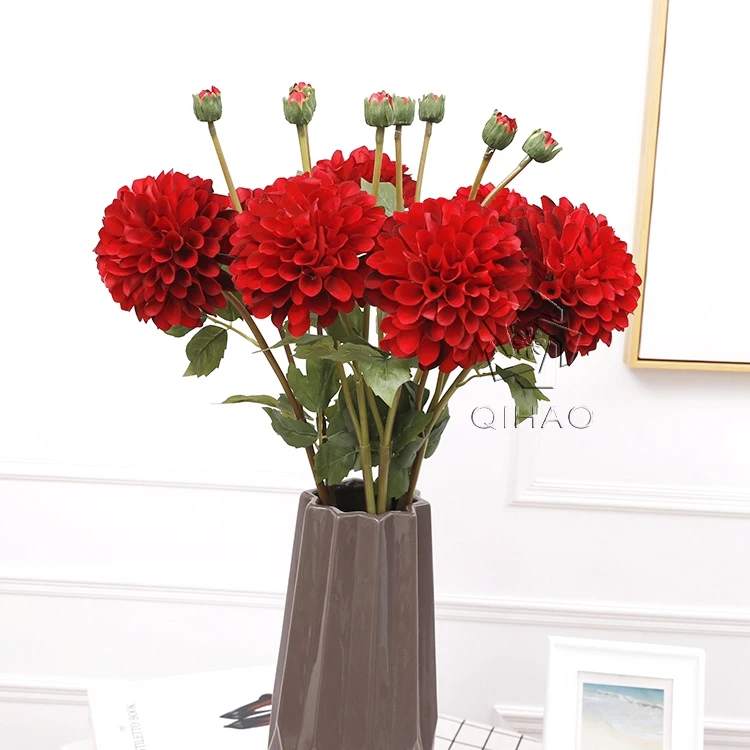 Decorative 2 Heads Silk Pompon Dahlias Pinnata Artificial Dahlia Yellow Chrysanthemum Flowers for Sale