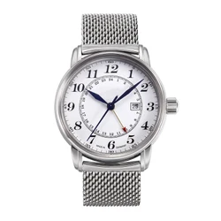 OEM simple double time GMT movt stainless steel mesh strap geneva watches men