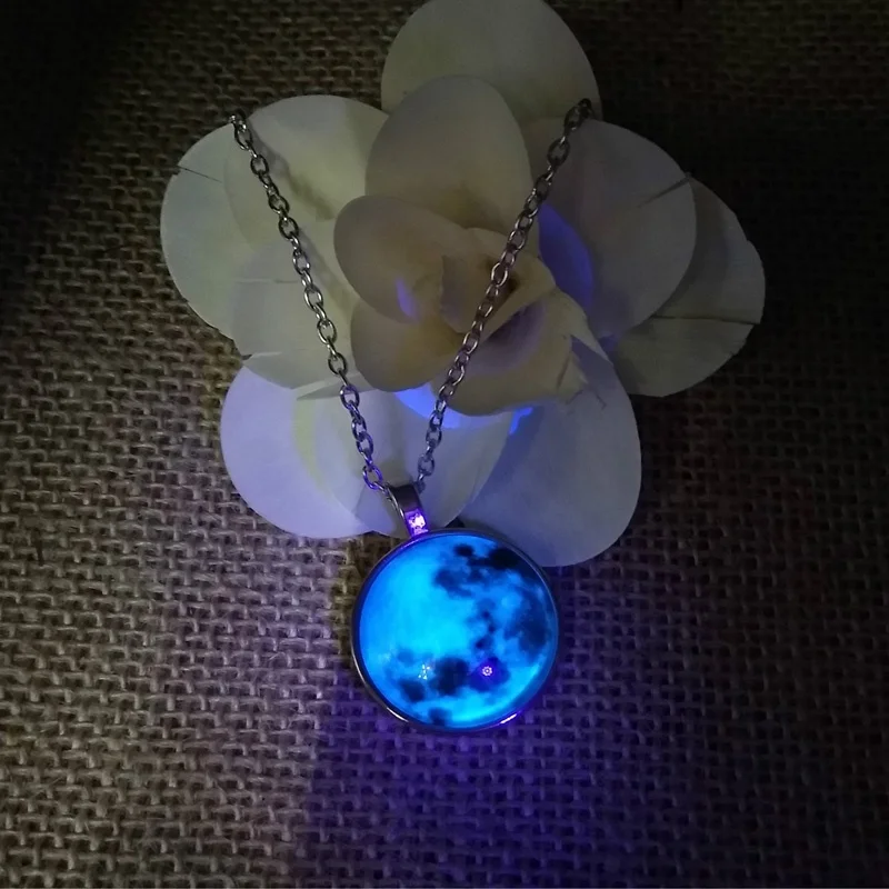 blue full shaped pendant silver moon glow necklace