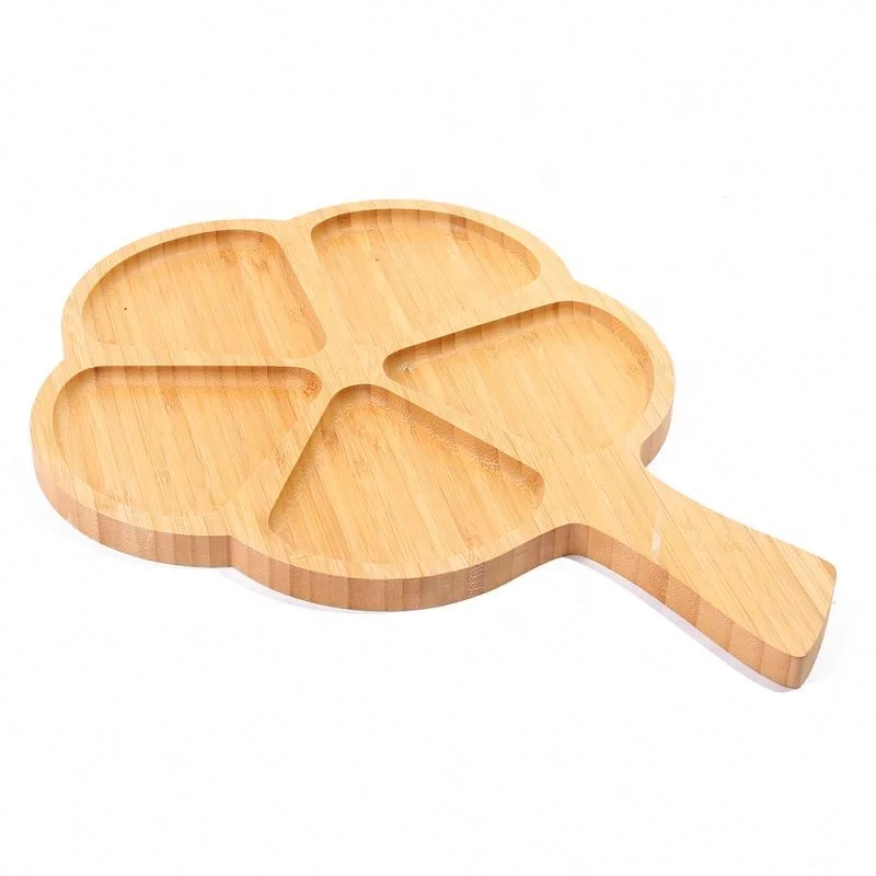 
Eco-Friendly 5 Section Serving Dish Tray Long Handle Bamboo Divided Plate For Snack/Food 