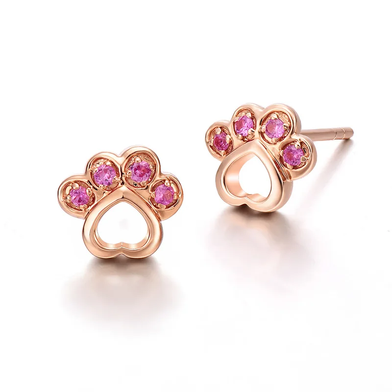 YK 925 Sterling Silver Stud Earrings Dog Paw Print Heart Pave Red Zircon Earrings