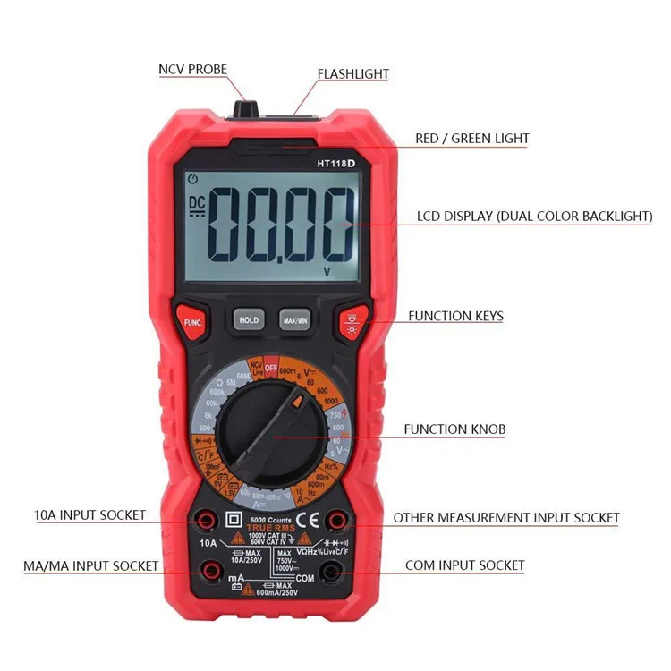 HT118D New Digital Multimeter Handheld AC/DC Voltmeter Ammeter Capacitance HZ Tester with Flashlight Cheap Multimeter