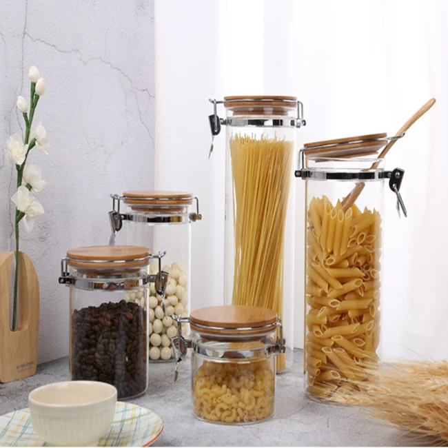 high  borosilicate glass jar with metal clip lid for kitchen glass storage jar