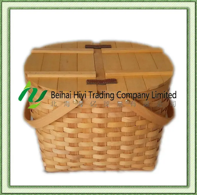 Guangxi Round Handmade Wood Chip Picnic Basket with Handles and Lid