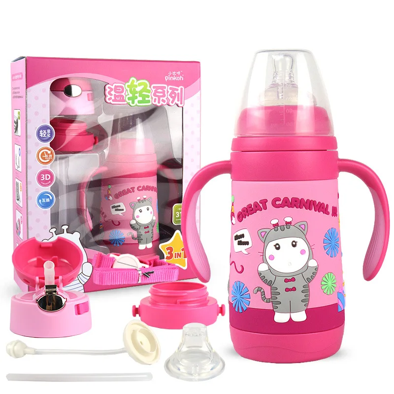 PINKAH Vacuum Insulated Stainless Steel Baby Feeding Bottle Nipple Duckbill Nozzle 3 in 1 Multi-functional Kids Water Bottle