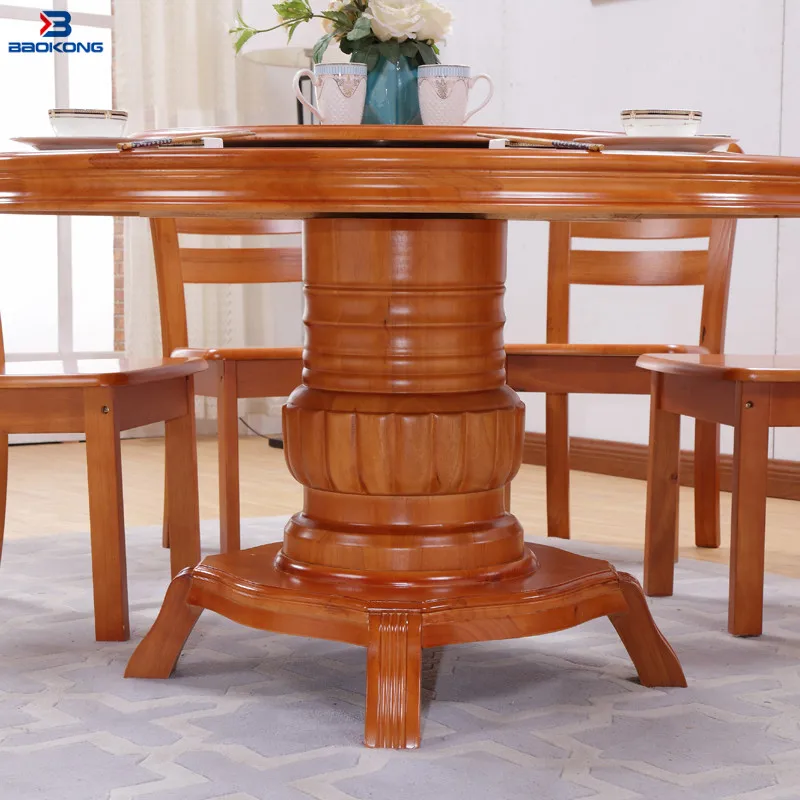 Antique 6 Seat Wooden Rotating Round Dining Table Set