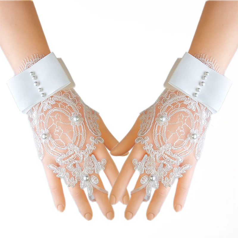 
Bridal Accessories Wholesale Lace Summer Sunscreen White pearls Beaded Decorative Fingerless Gloves 