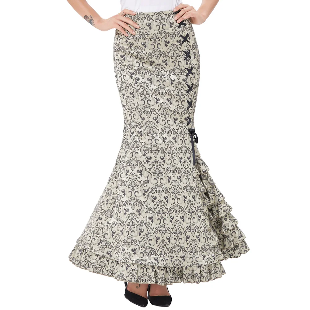 OEM Women Vintage Retro Victorian Style Ruffled Jacquard Fishtail Mermaid Long Maxi Skirt BP000204