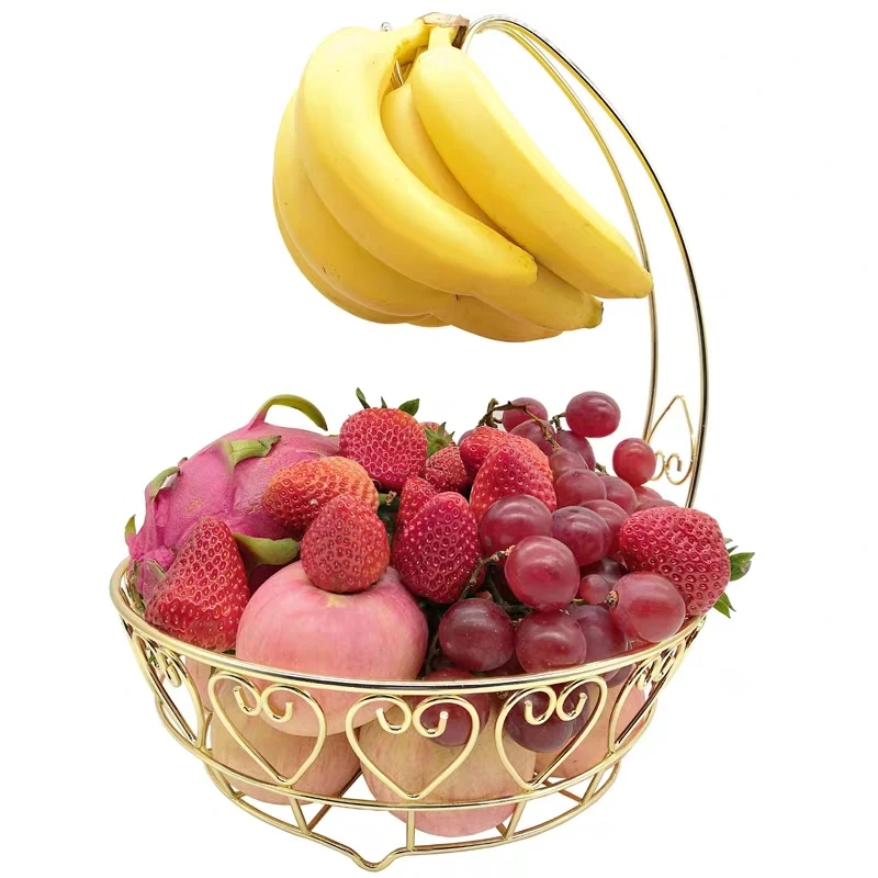 Gold Fruit Basket Bowl with Banana Tree Hanger Fruit Basket Drainer Rack Storage Fruit Basket