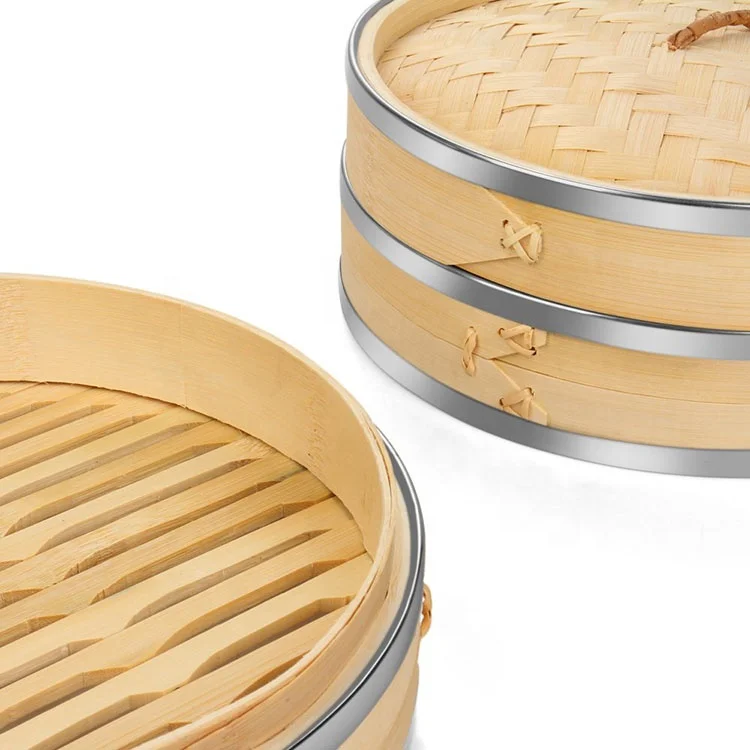 Bamboo Steamer Basket Set (10 inch) with Stainless Steel Banding 50x Steamer Liners , Chinese Steamer for Cooking Food