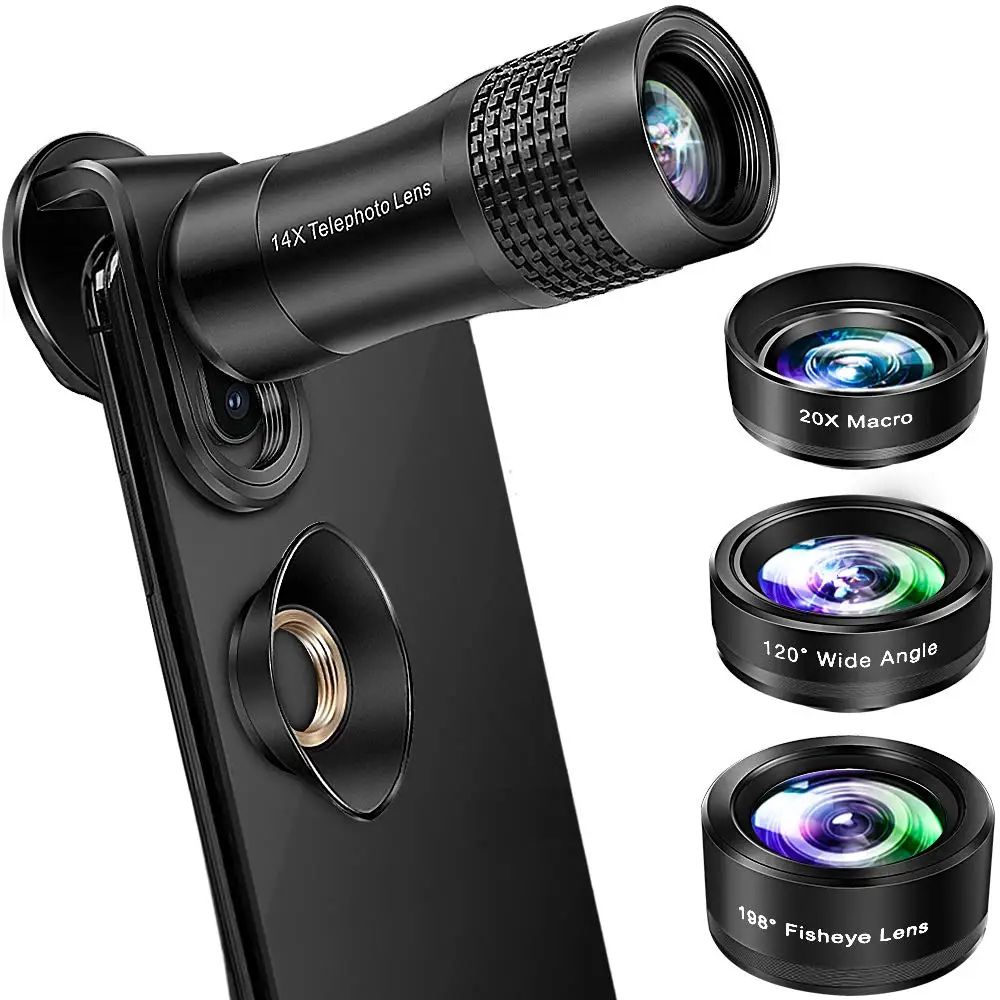 14X Aluminum telescopic selfie telephoto lens fisheye wide macro lens 4 in 1 phone camera lens kit for iPhone