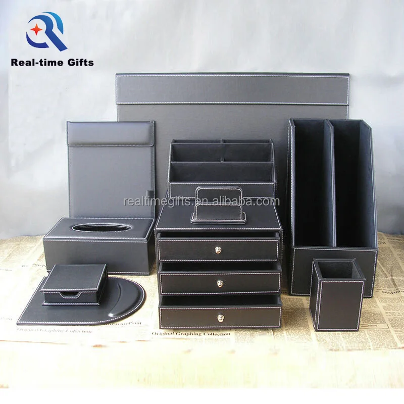 
Luxury Black Business Office Table Organizer 6 8 10 Pieces PU Leather Desk Accessories Set 