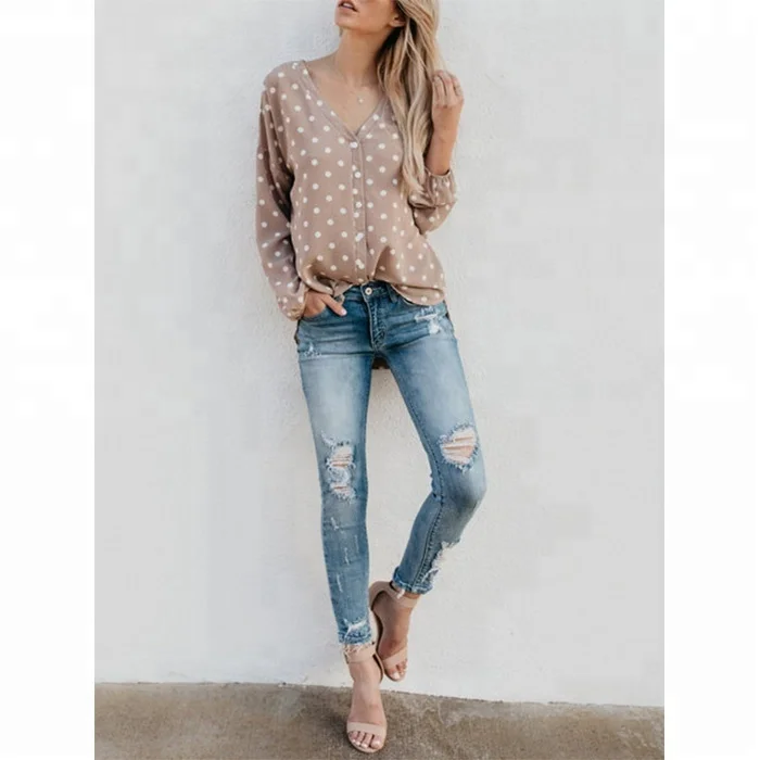 
Wholesale Personalized Ladies Apricot Polka Dot V-neck Shirt 