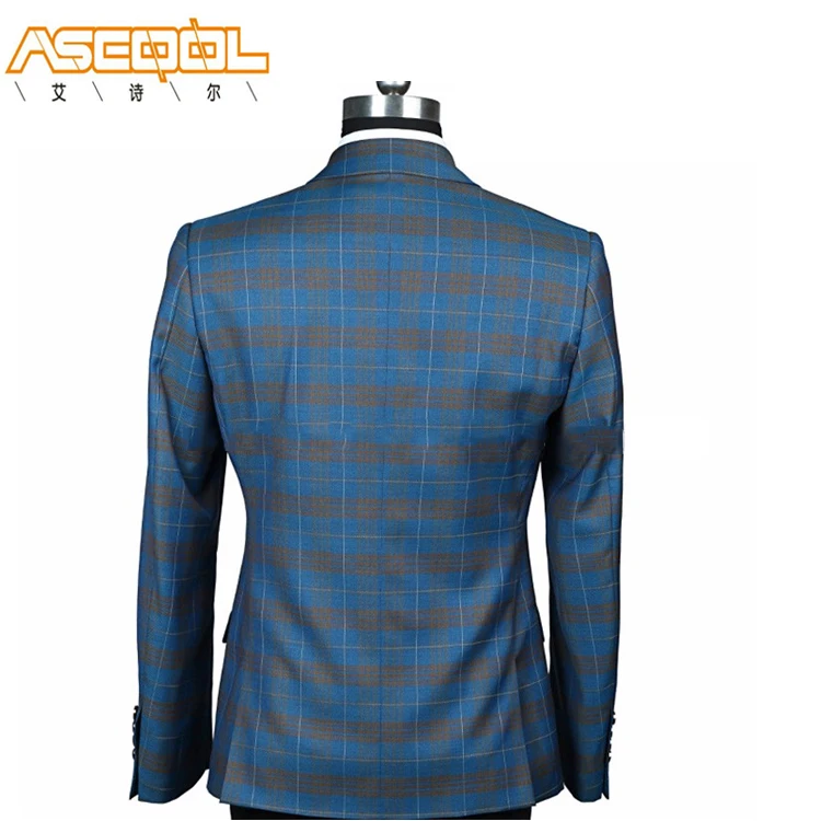 New design wholesale blue plaid polyester coat men slim fit wedding suits body fitness