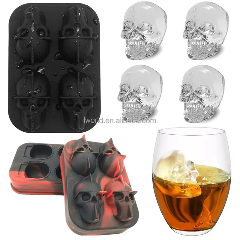Private label Creative 4lattice cool style skull ice mold 3D silicone ice cube tray