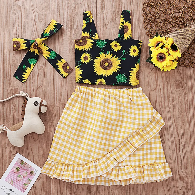 
Girl Summer Clothing Set Sunflower Print Kids Sleeveless Strap & Plaid Skirt & Hair Band Outfits for 1-5Y 