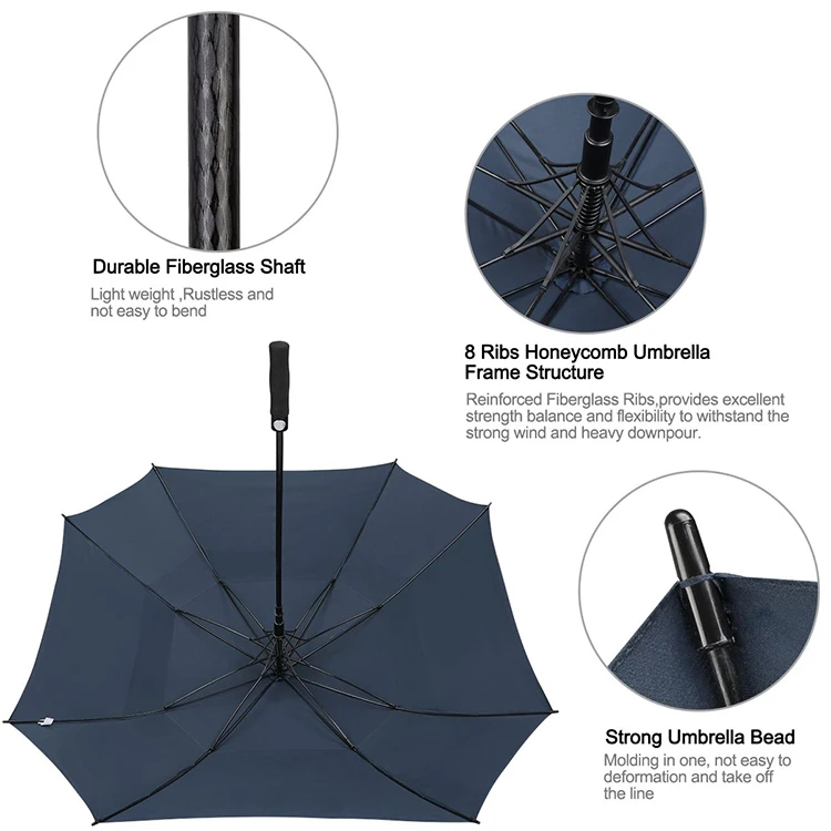 Wholesale Extra Large Vented Square Automatic Open Double Canopy Windproof Golf Umbrella