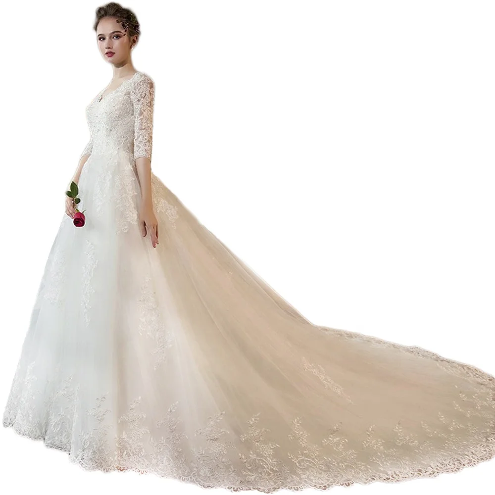 Luxury Appliques Boat Neck Bridal Gown Lace Decorate half Sleeve trailing Wedding Dress