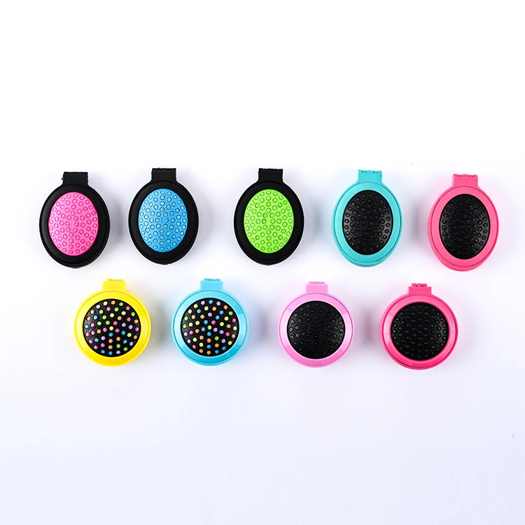 ABS plastic comb black cushion pocket round shape mirror hair brush foldable hairbrush with glass mirror