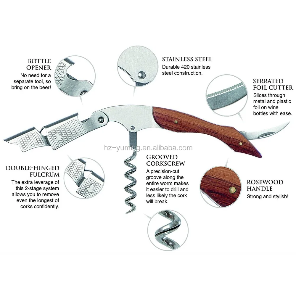 Amazon hot selling custom logo wooden handle wine corkscrew wine opener