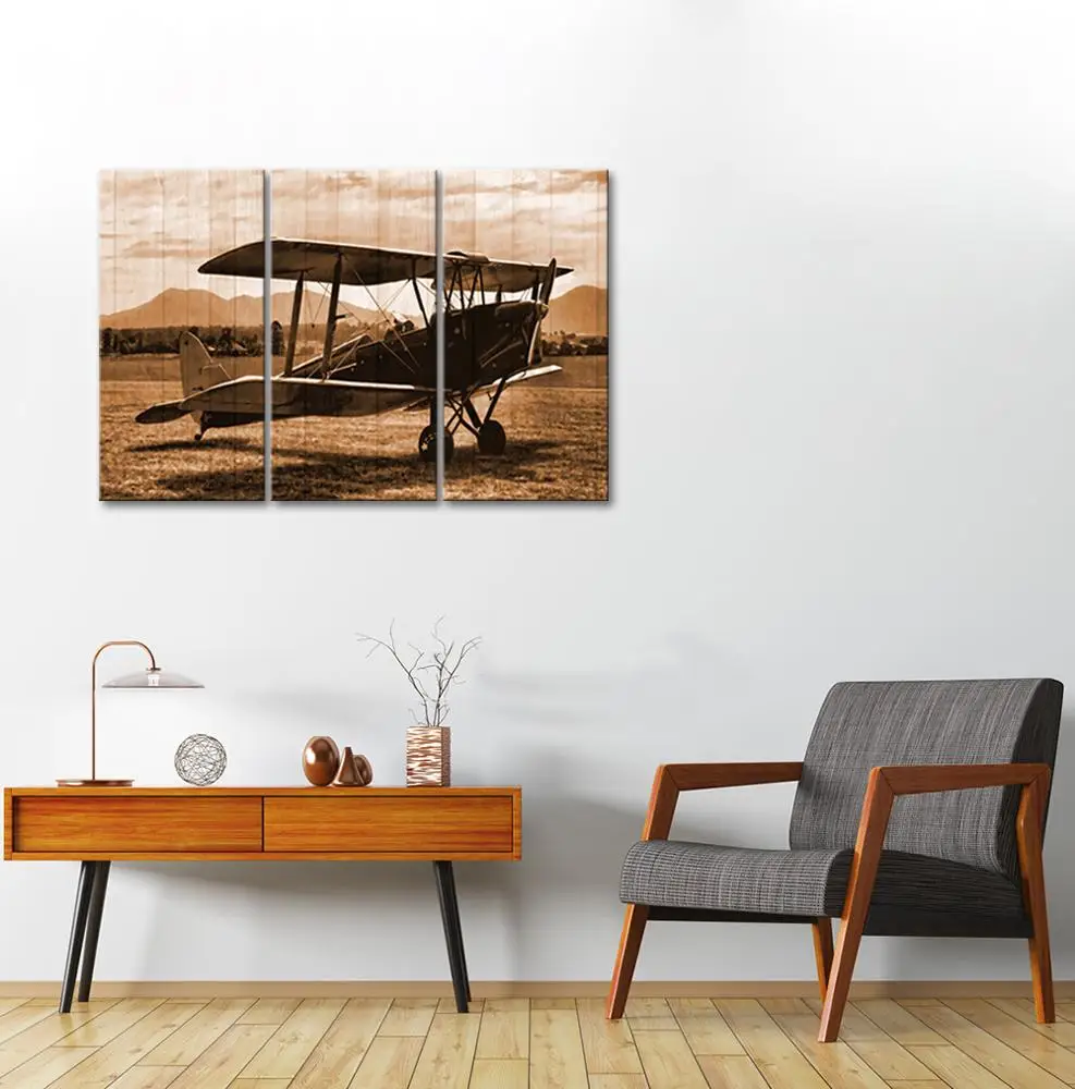 3 Panel Canvas Wall Art Vintage Plane Giclee Print Aircraft Picture Decoration for Bedroom Living Room Aviation Airplane