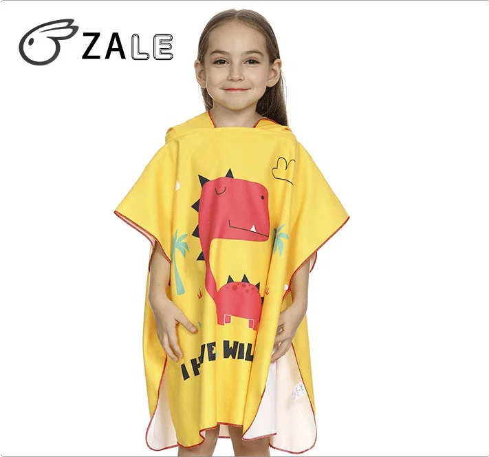 ZALE Hot Sale Microfiber Cartoon Custom Print Baby Bath Towel Kids Dinosaur Bathrobe Kids Poncho  Hooded Beach Towel