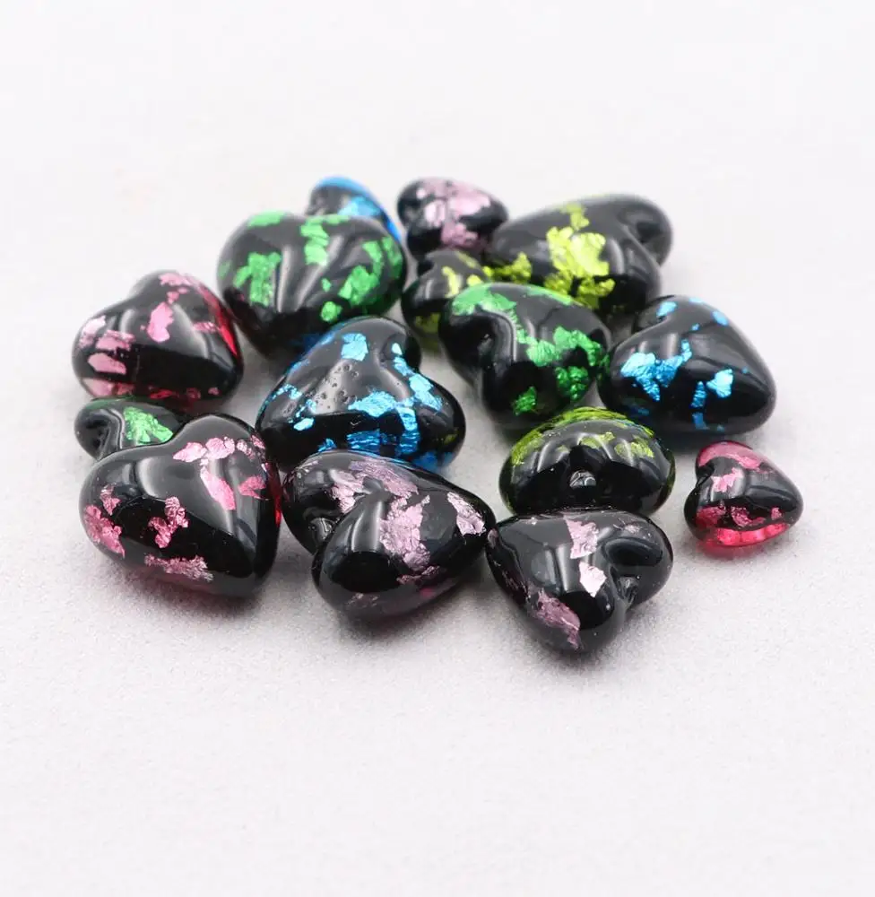 Wholesale Italian Venetian Murano Glass Crushed Foil Half Hole Heart Bulk Lampwork Jewelry Beads for Craft Supplies & Tools