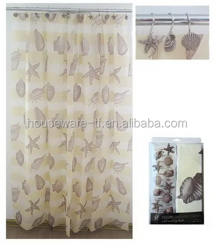 Plastic Shower Curtain with Hooks Set of 13 Hot Sale Ocean Design PEVA Shower Curtain  with Resin Hooks Set of 13