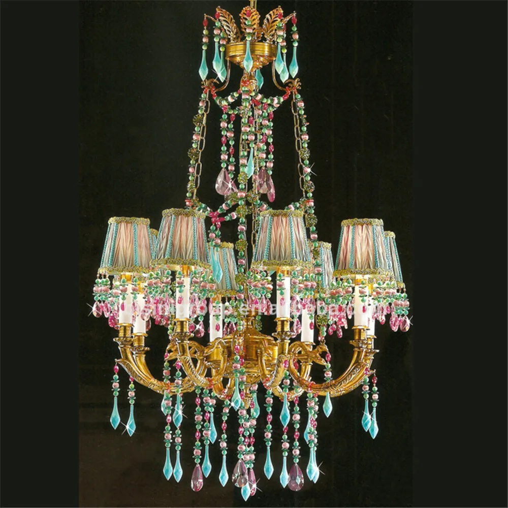 European Style green lampshade 8 arms crystal chandelier copper living room LED lighting purple Ceiling light(BY08-T10014-8)