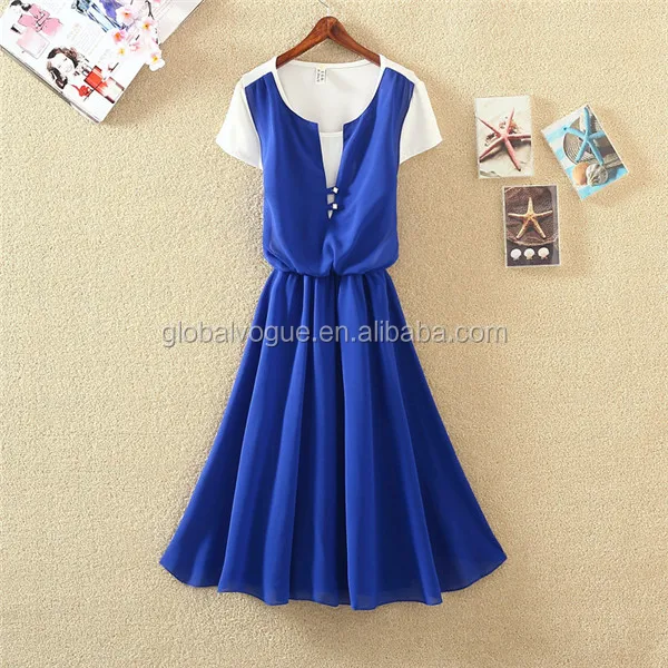 2016 new summer Korean round neck pleated chiffon A-line dress,fake two pieces shortsleeved chiffonwomen fashion dress