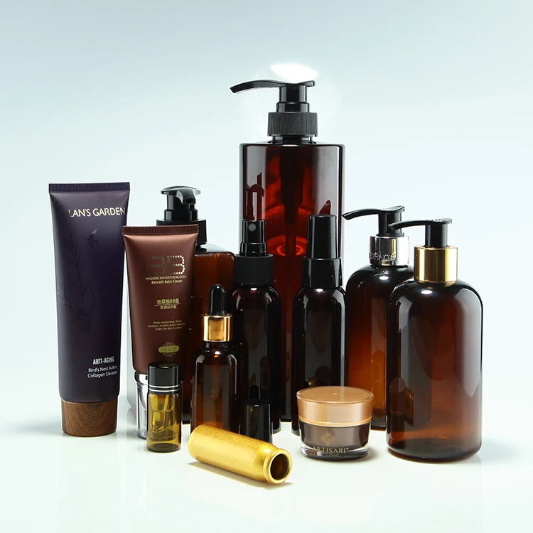 Wholesale  plastic bottle containers amber cosmetic lotion bottle with pump, empty pp brown cream jar dropper bottle packaging