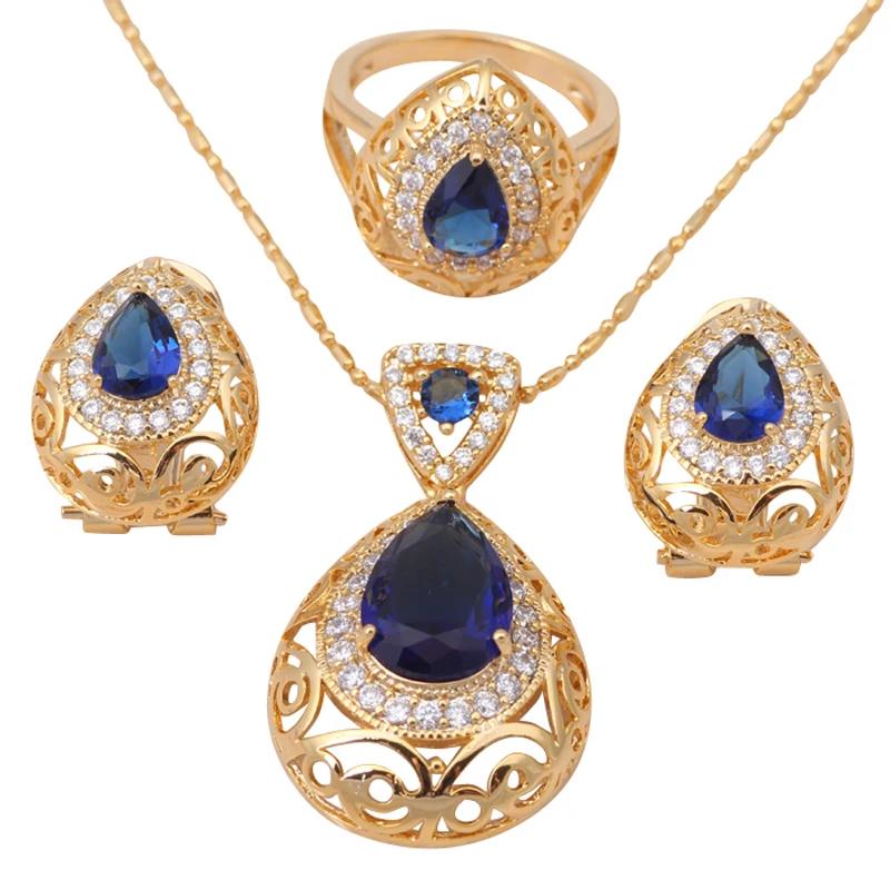 Heart Blue Topaz 18K Gold Plated Zirconia Health Nickel Lead free Earring Necklace Ring sz 7