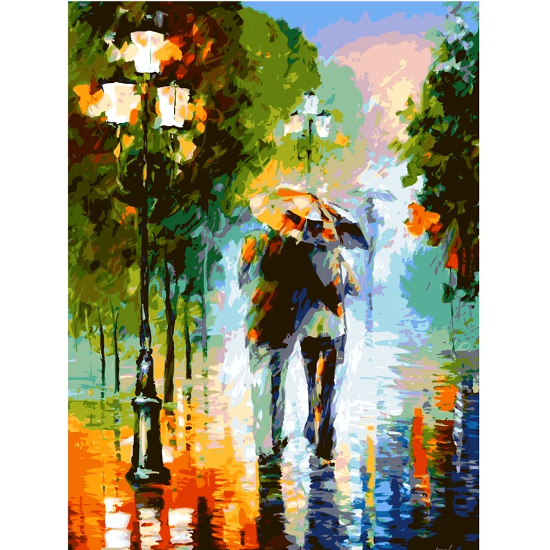 Diy Oil Painting Couple With Umbrella Under The Streetlights In The Rain Hand Painted Oil Painting Frames Wholesale