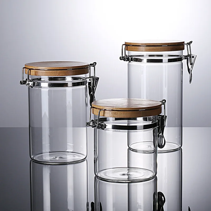Clear Borosilicate Glass Food Storage Jar Canister with Airtight steel  buckle Locking Clamp Bamboo Lids