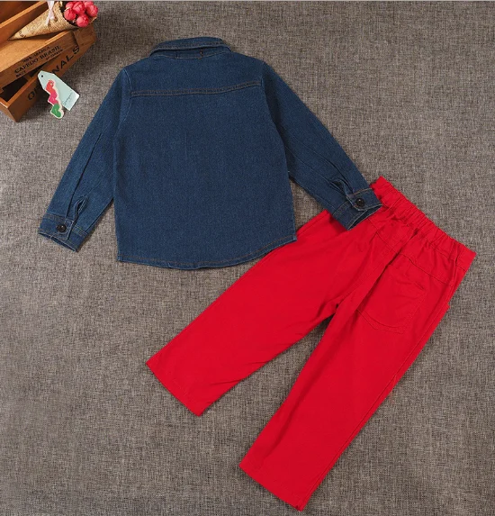 boys bow tie denim shirt and long red pants 2 pcs suit