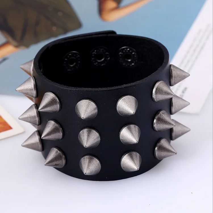 Unique Three Row Cuspidal Spikes Rivet Stud Wide Cuff Leather Punk Gothic Rock Unisex Bangle Bracelet