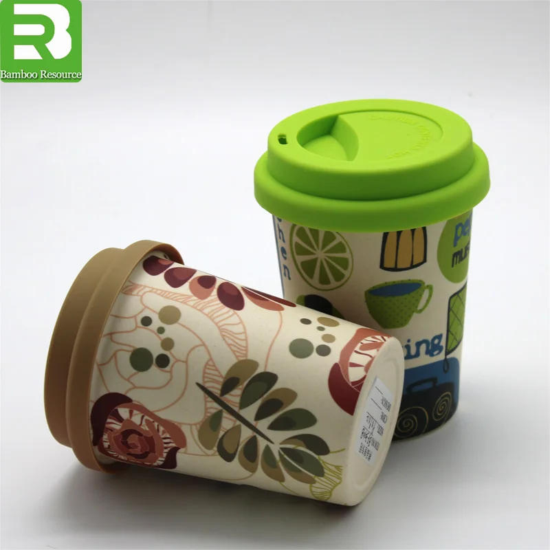 
12oz biodegradable custom printed reusable melamine Bamboo Fiber Coffee Cup with lids 