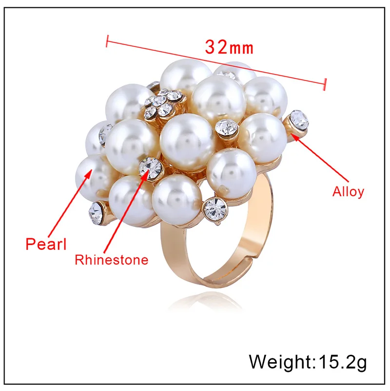 
Pearl & Rhinestone Cluster Gold Tone Ring Adjustable Size Ring For Women 