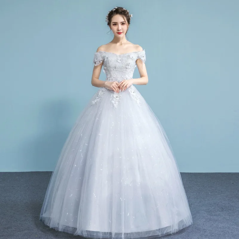 
Korean Styles Dress Off Shoulder Flowers shinny ball gown wedding dress for women 