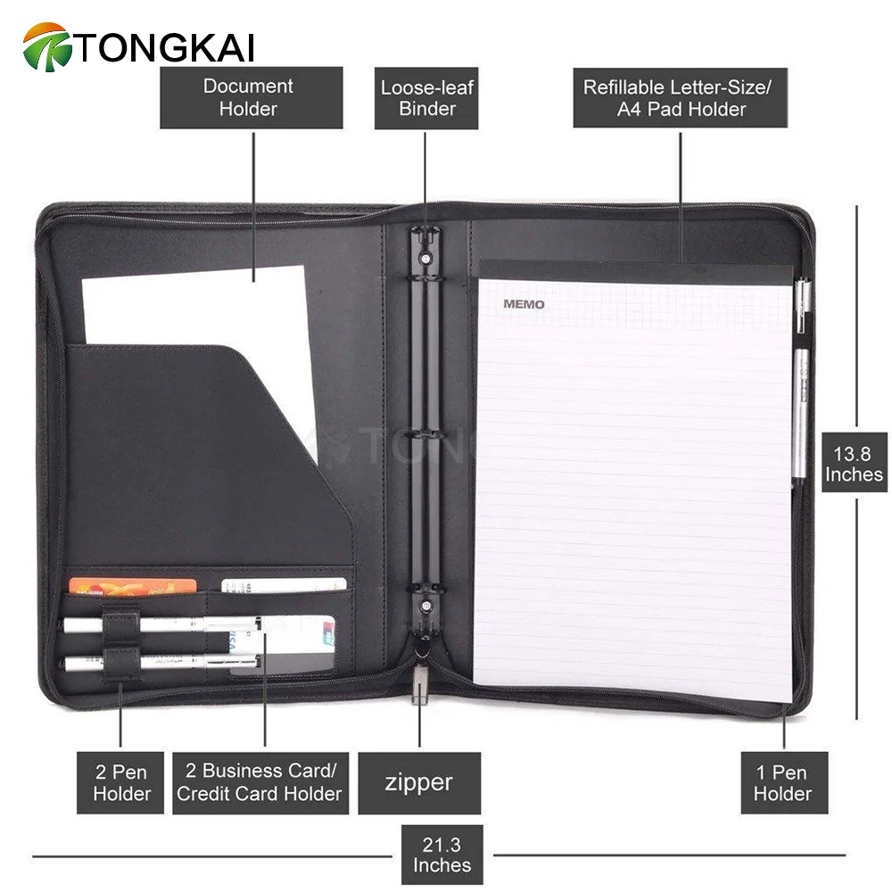 Custom Executive Padfolio - A4 Zippered Black PU Leather Conference Document Holder Organizer Portfolio With  Notepad