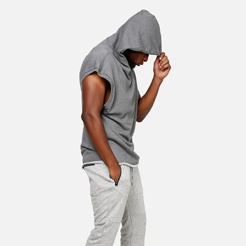 Hot selling grey custom men sleeveless oversized boyfriend muscle hoodies tops blank pullover hoodie