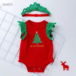 Christmas new 0-2 years old baby sleeveless wings print haber red and green bottoms skirt three-piece suit